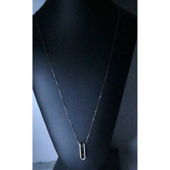 Modernist Sterling Silver Pendant Necklace With Garnet Gemstone On Long Box Chai - Picture 3 of 13